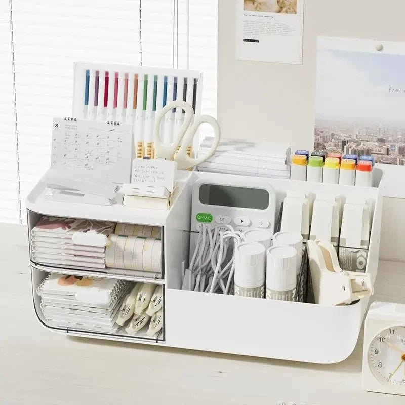 Large Capacity Multifunctional Desk Organizer with 2 Transparent Drawers, Desktop Office Supplies Storage Pen Holder for School - Velvet Haven