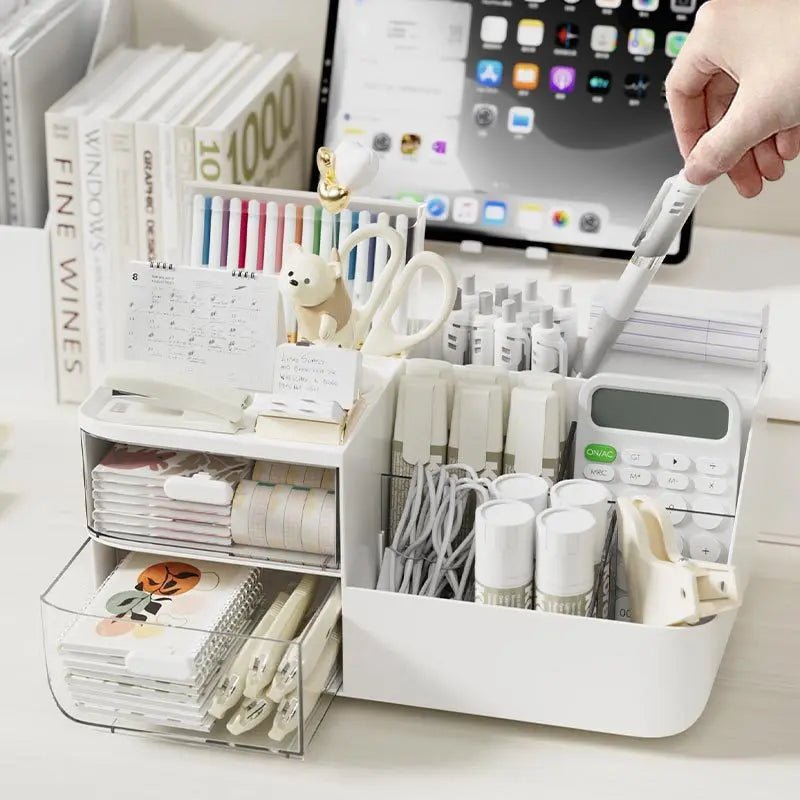 Large Capacity Multifunctional Desk Organizer with 2 Transparent Drawers, Desktop Office Supplies Storage Pen Holder for School - Velvet Haven