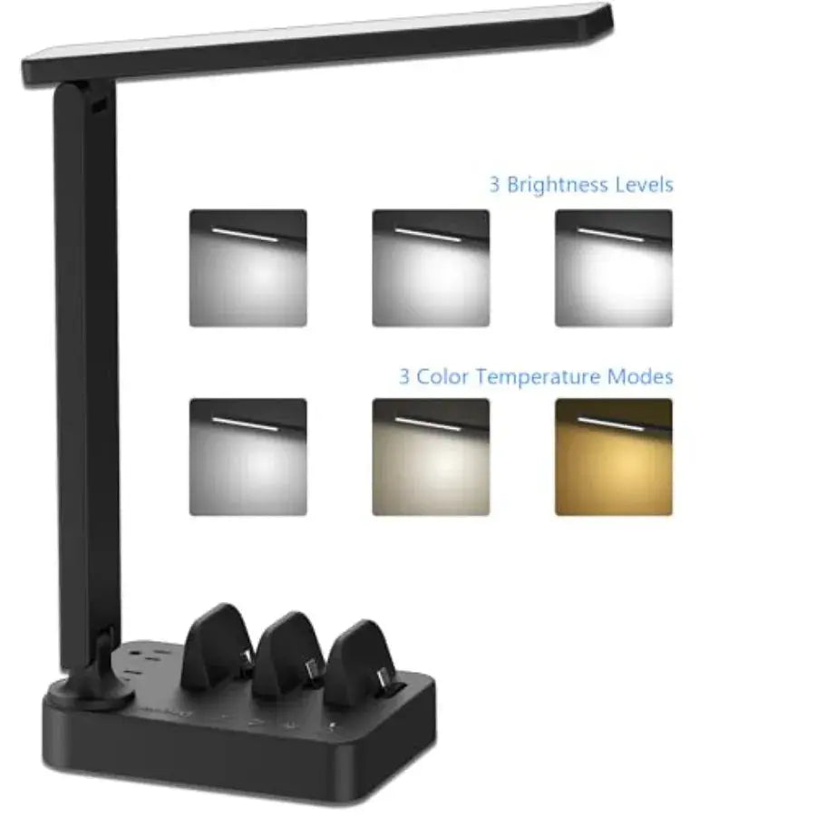 LED Desk Lamp, Touch Cotrol Small Table Lamp with 3 USB C Charger, 2 AC Power Outlet, 3 Light Modes, 3 Level Brightness and 1H - Velvet Haven