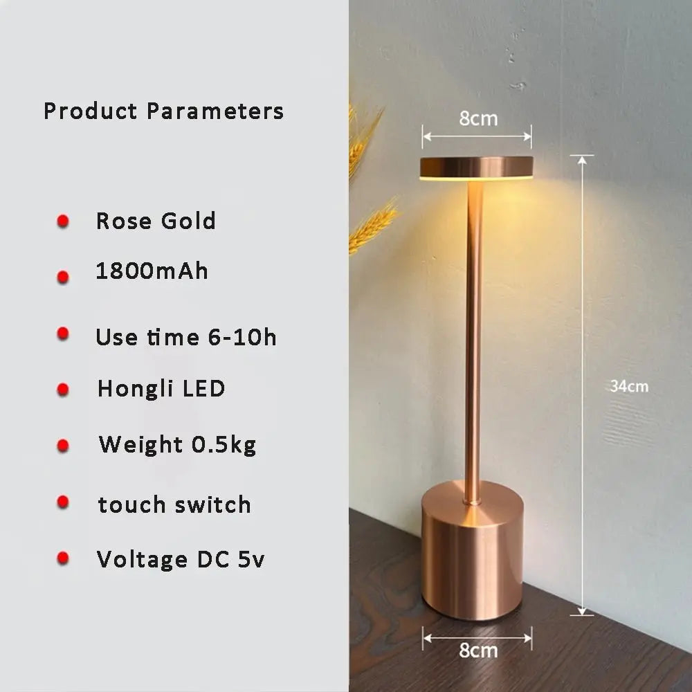 LED Table Lamp Hotel Wireless Rechargeable Desk Lamp Touch Switch Table Lamp Metal Retrolight for Bedroom Living Room Restaurant - Velvet Haven