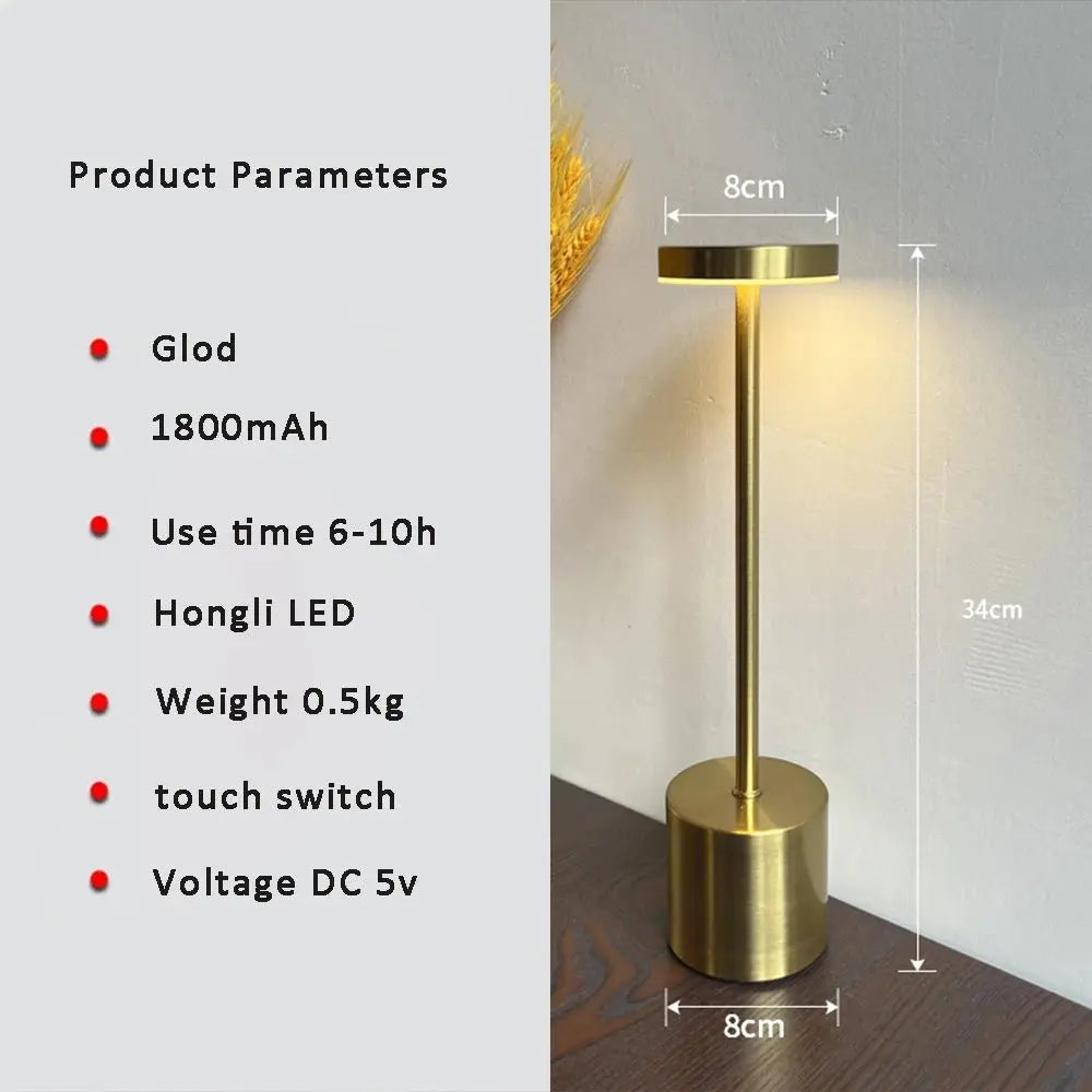 LED Table Lamp Hotel Wireless Rechargeable Desk Lamp Touch Switch Table Lamp Metal Retrolight for Bedroom Living Room Restaurant - Velvet Haven