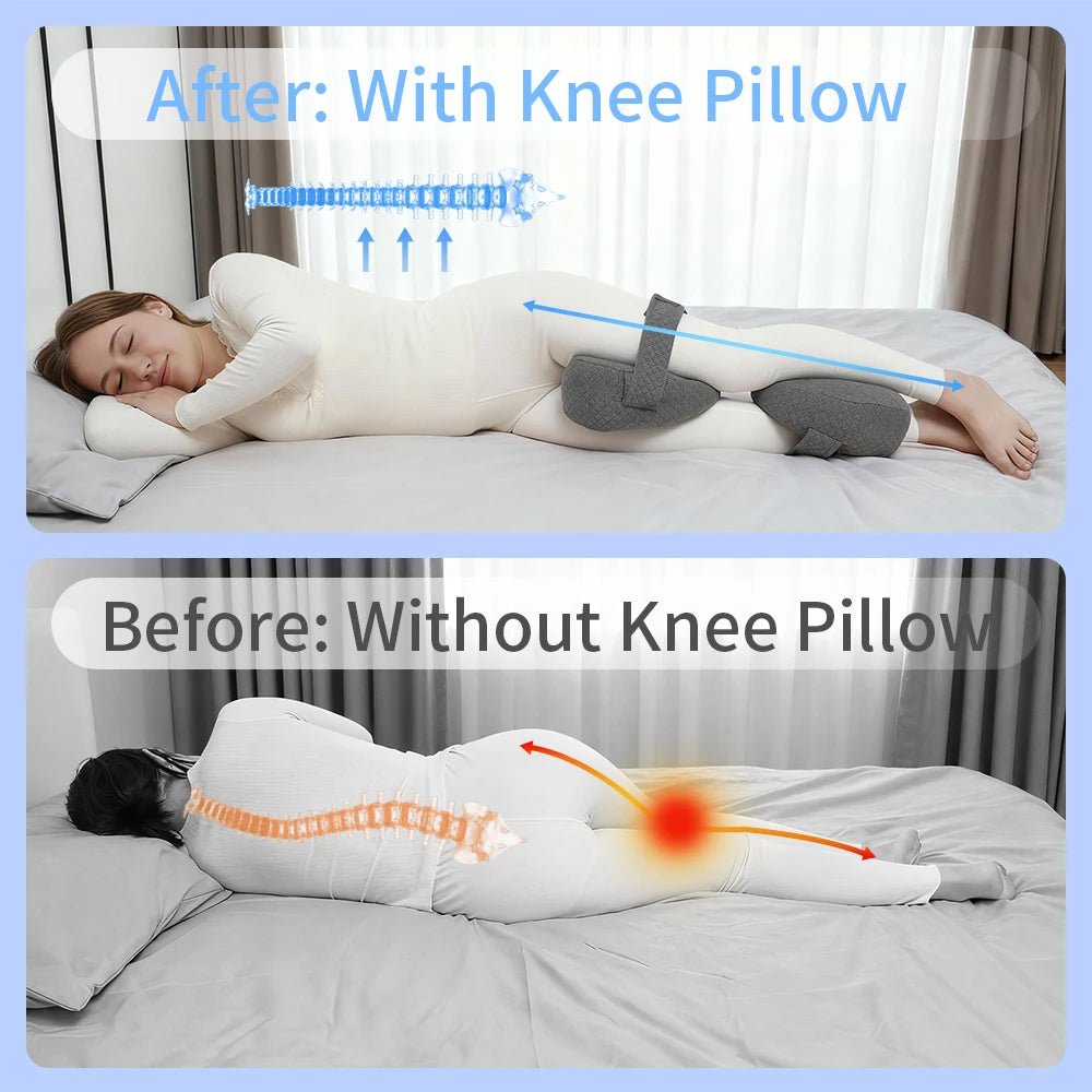 Memory foam orthopedic knee pillow placed between the legs of a side sleeper