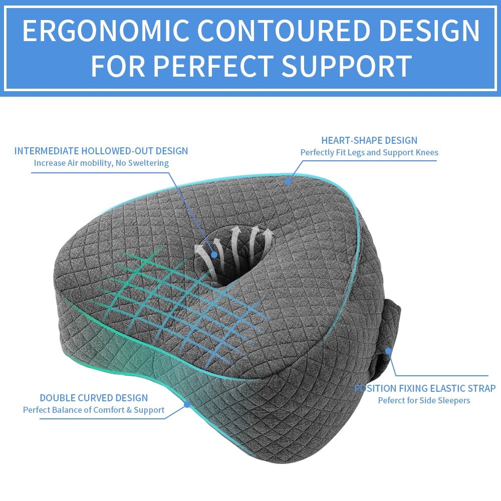 Memory foam orthopedic knee pillow placed between the legs of a side sleeper