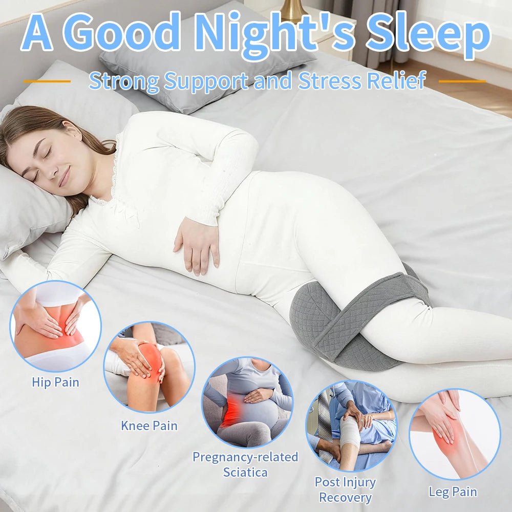 Memory foam orthopedic knee pillow placed between the legs of a side sleeper