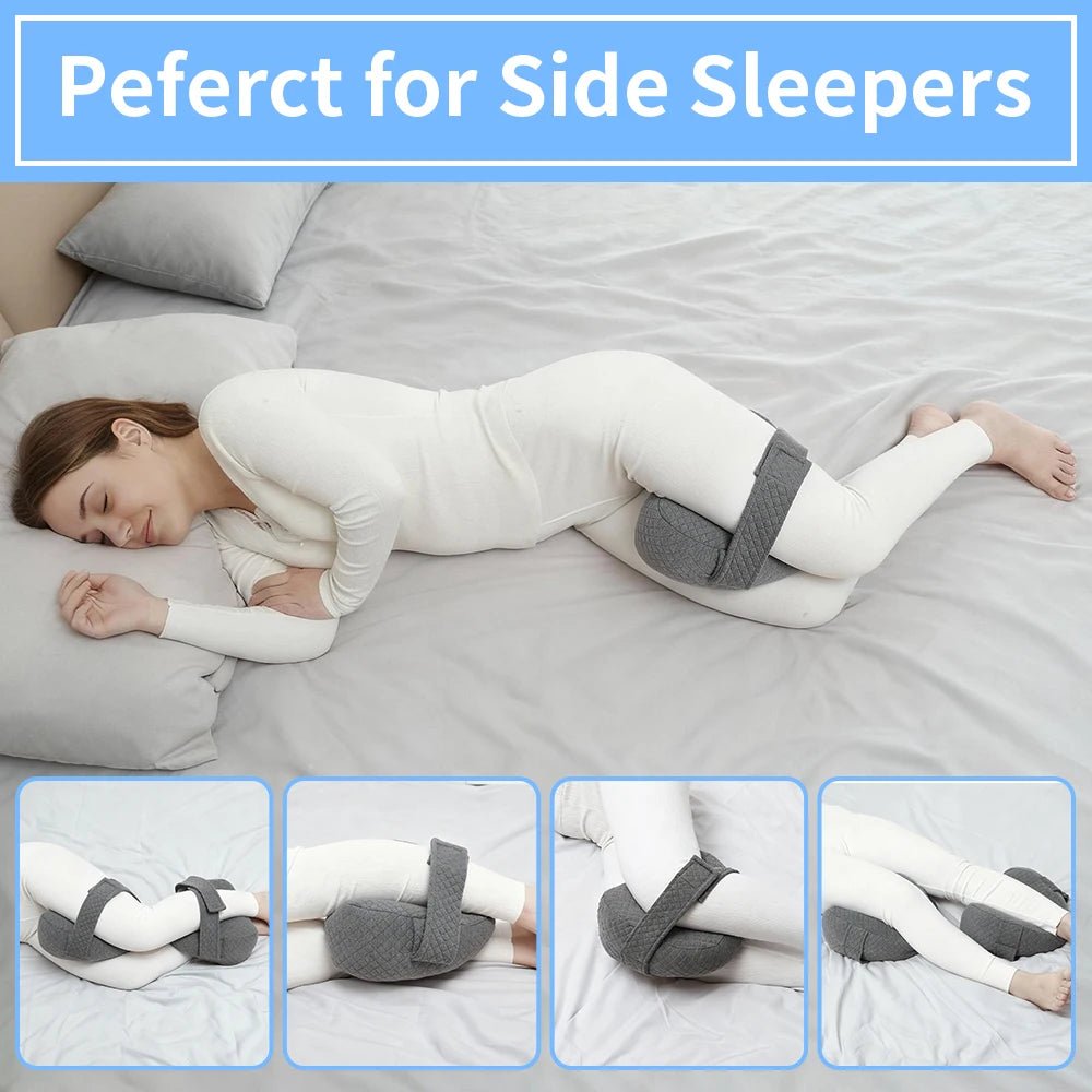 Memory foam orthopedic knee pillow placed between the legs of a side sleeper