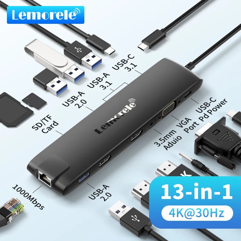 Lemorele 13-in-1 USB Hub with HDMI 4K30Hz VGA Triple Screen Output Type C 3.0 5Gbps TF/SD 2.0 PD100W Charger Multiport Adapter for Laptop MacBook - Velvet Haven