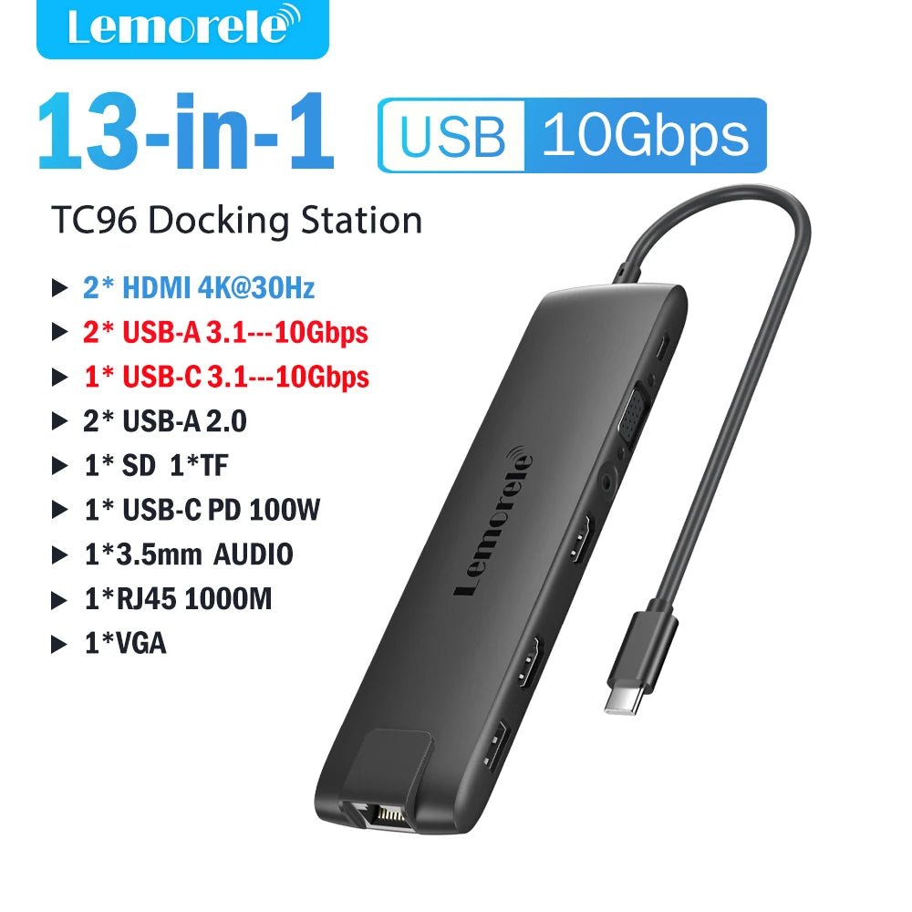 Lemorele 4K USB Hub USB C to Dual HDMI VGA Gigabit Docking Station USB 3.0 VGA Adapter SD Card Readers for Windows MacBook Air - Velvet Haven