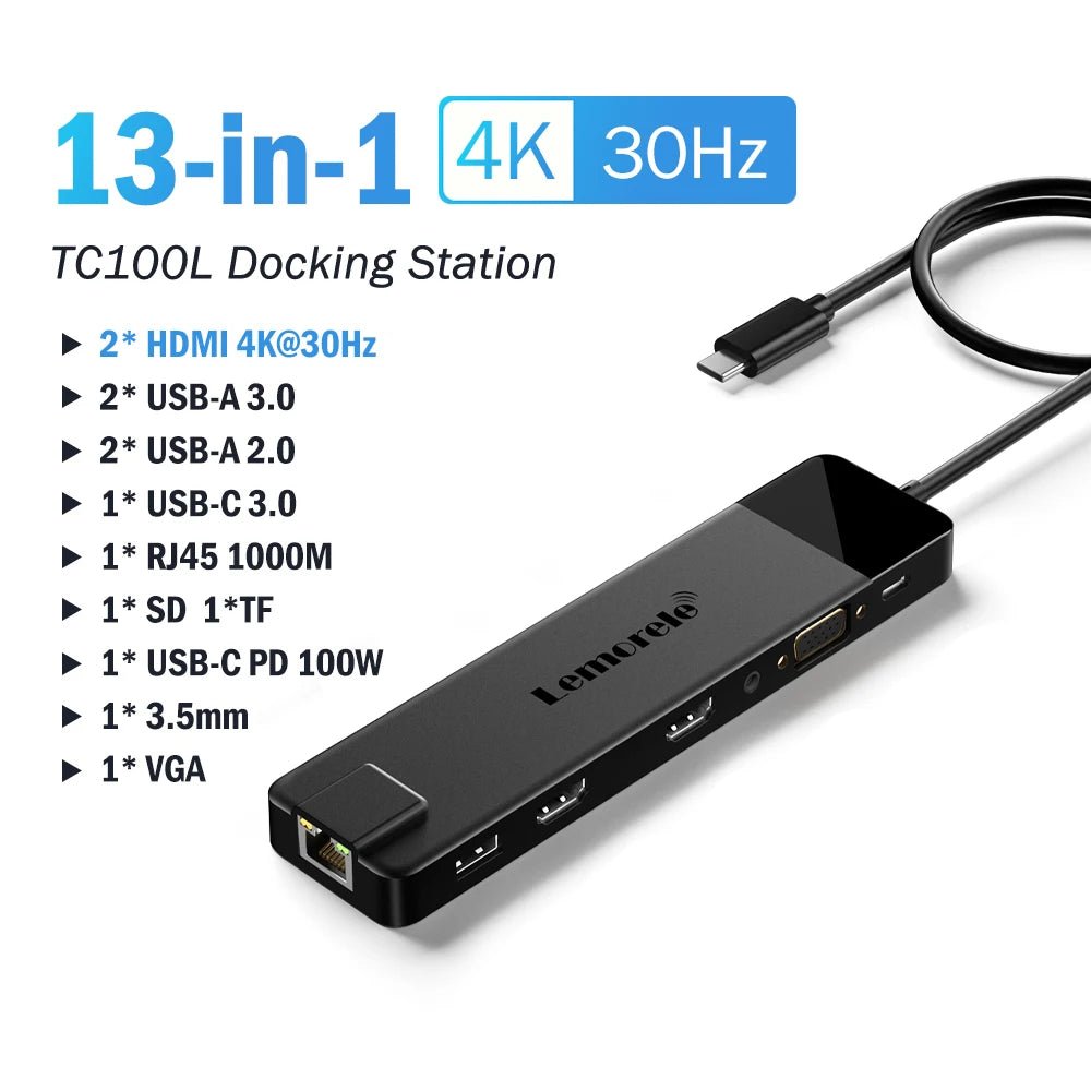 Lemorele 4K USB Hub USB C to Dual HDMI VGA Gigabit Docking Station USB 3.0 VGA Adapter SD Card Readers for Windows MacBook Air - Velvet Haven