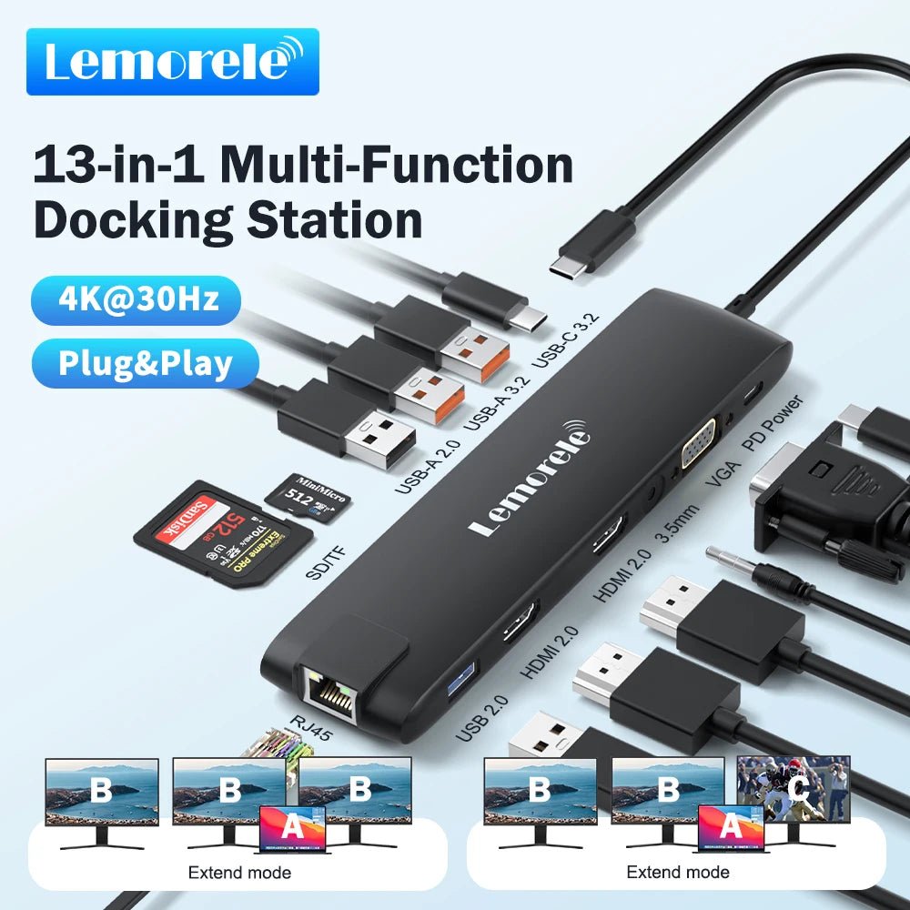Lemorele 4K USB Hub USB C to Dual HDMI VGA Gigabit Docking Station USB 3.0 VGA Adapter SD Card Readers for Windows MacBook Air - Velvet Haven