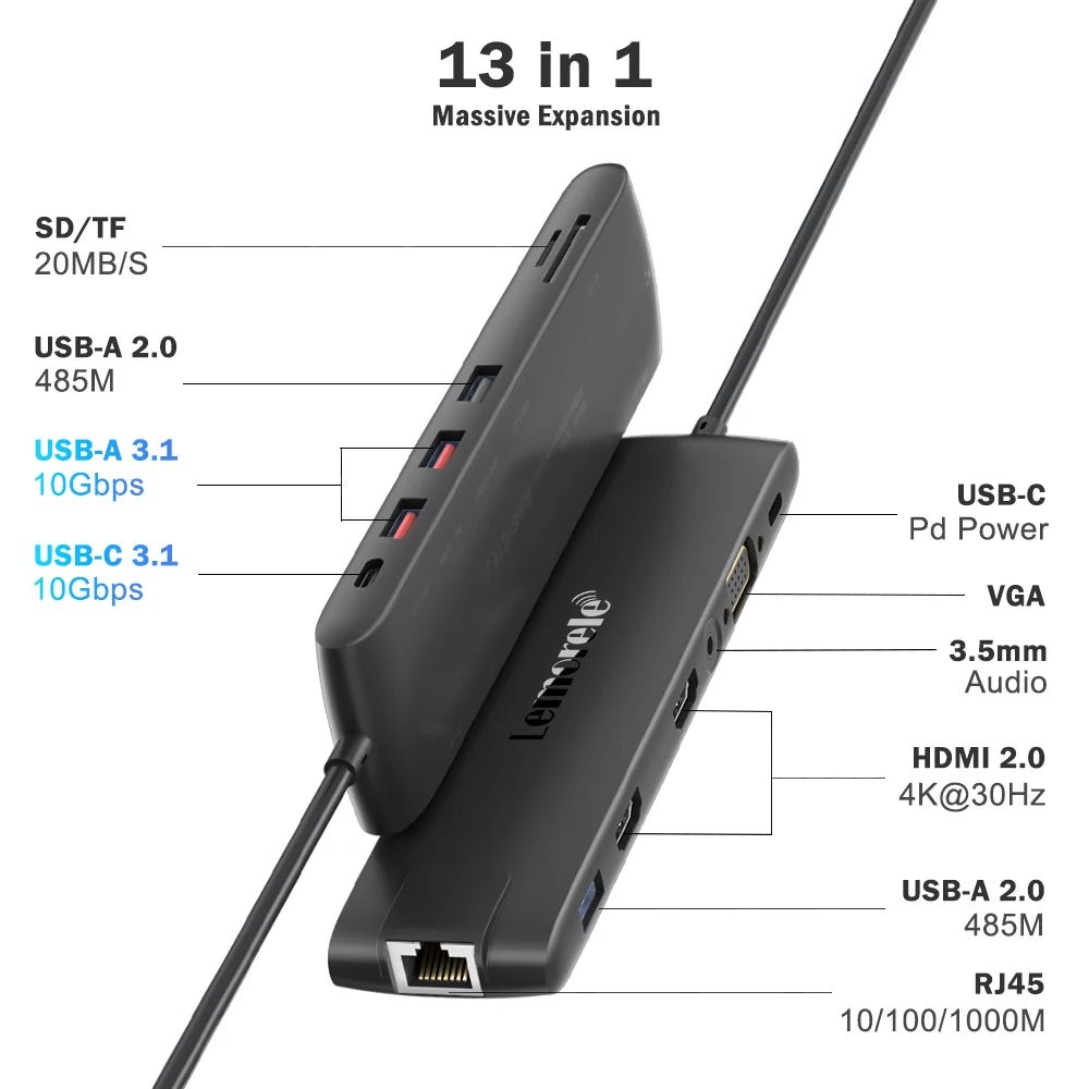 Lemorele 4K USB Hub USB C to Dual HDMI VGA Gigabit Docking Station USB 3.0 VGA Adapter SD Card Readers for Windows MacBook Air - Velvet Haven