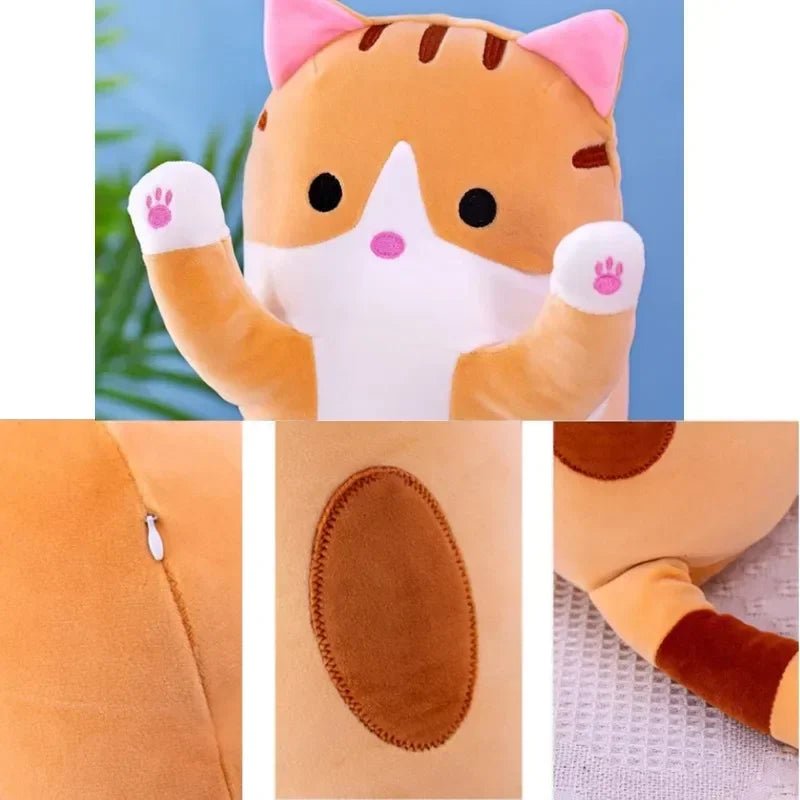 Long cat plush body pillow on a bed for cuddling and bedroom décor