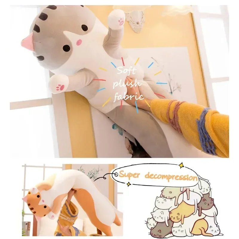 Long cat plush body pillow on a bed for cuddling and bedroom décor