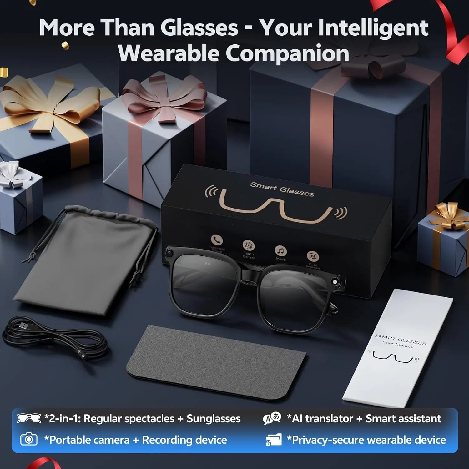 M02S Smart Glasses with 8MP Camera, Bluetooth 5.3 & AI Language Support - Velvet Haven