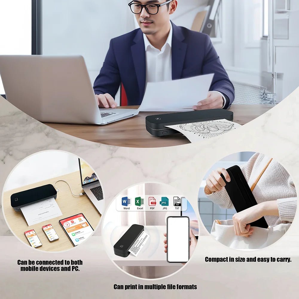 Marklife Thermal Inkless Printer A4&Tattoo Maker Mini Portable Bluetooth Wireless Used For School Office Small Business Machine - Velvet Haven