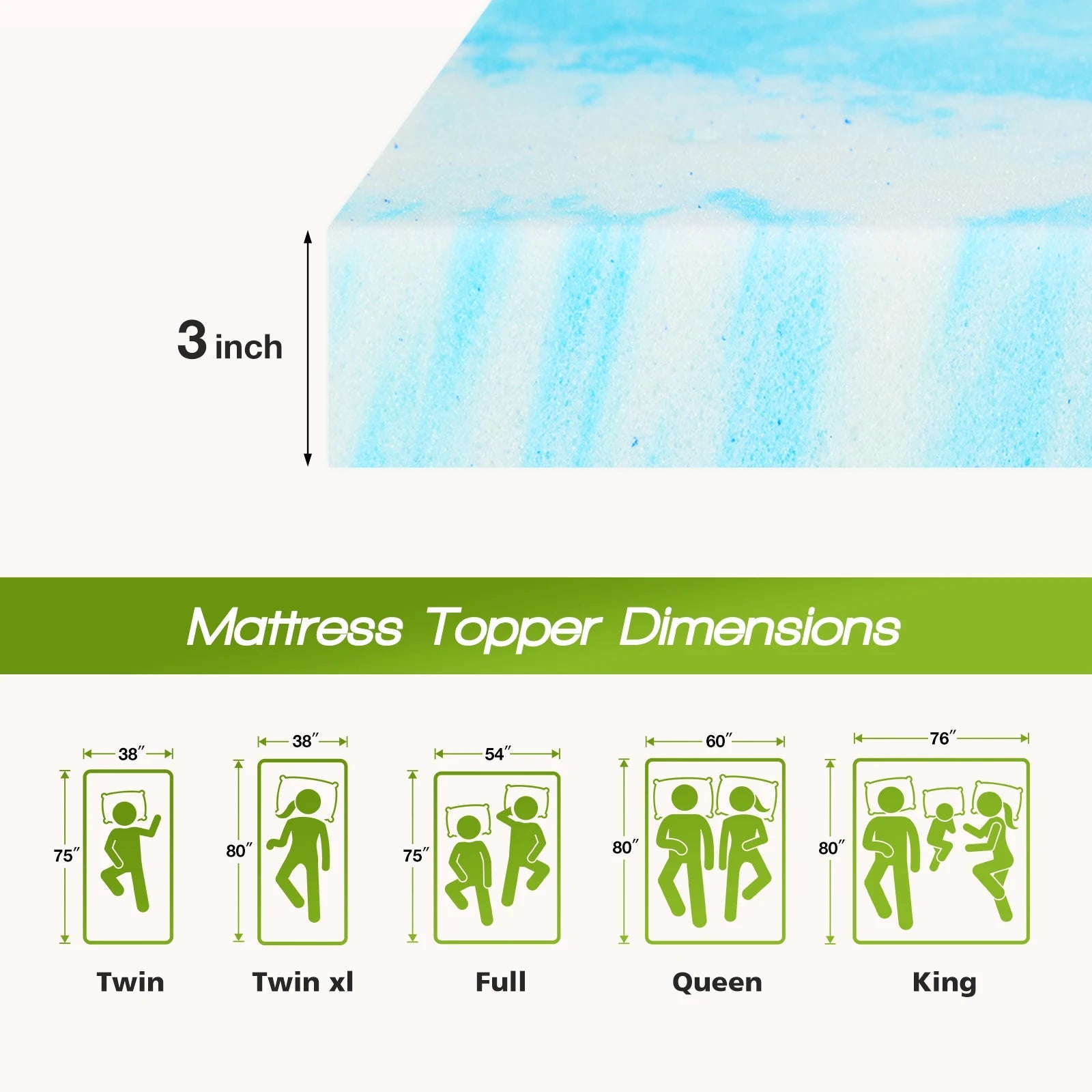 MCQ 3 Inch Memory Foam Mattress Topper 6 Model Sizes Gel Breathable Cooling Mattress Soft Bed Topper Home Bedroom Furniture - Velvet Haven