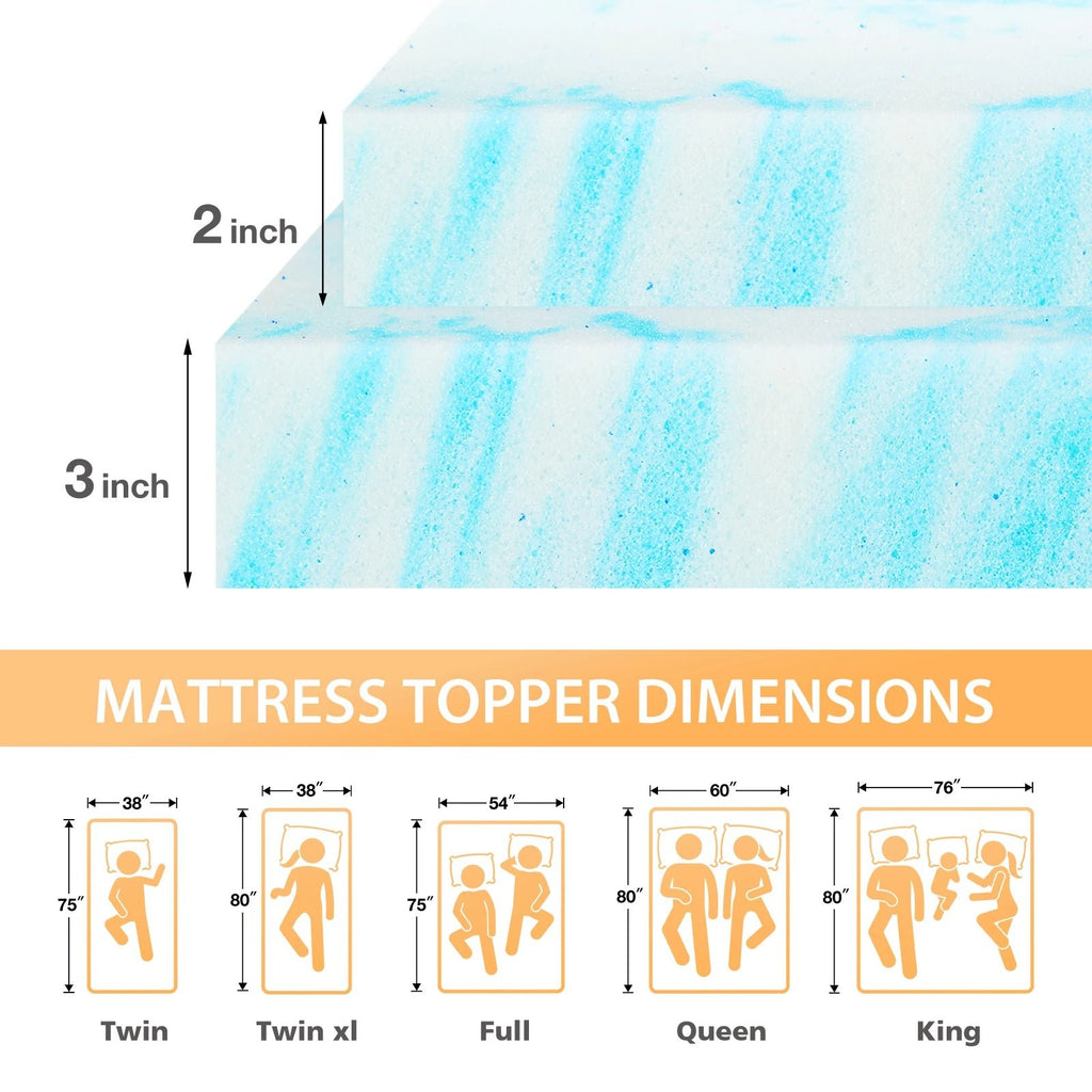 MCQ Full Size 2 Inch Memory Foam Mattress Topper Gel Breathable Cooling Mattress Soft Bed Topper Home Bedroom Furniture - Velvet Haven