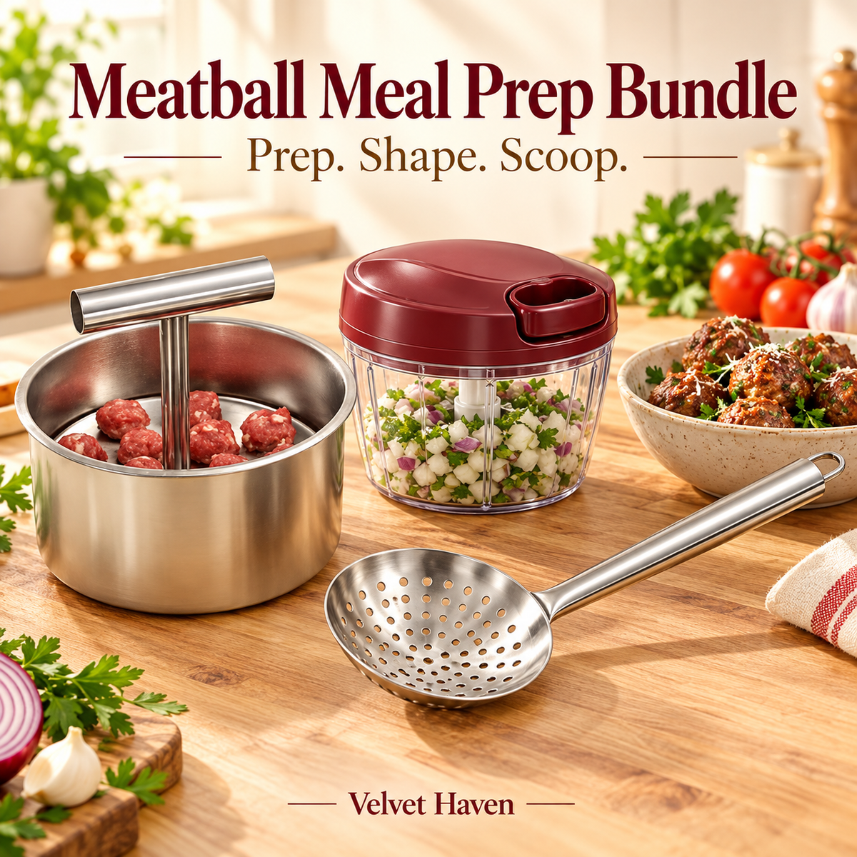 Meatball Prep Kit with Chopper & Silicone Air Fryer Liner - Velvet Haven
