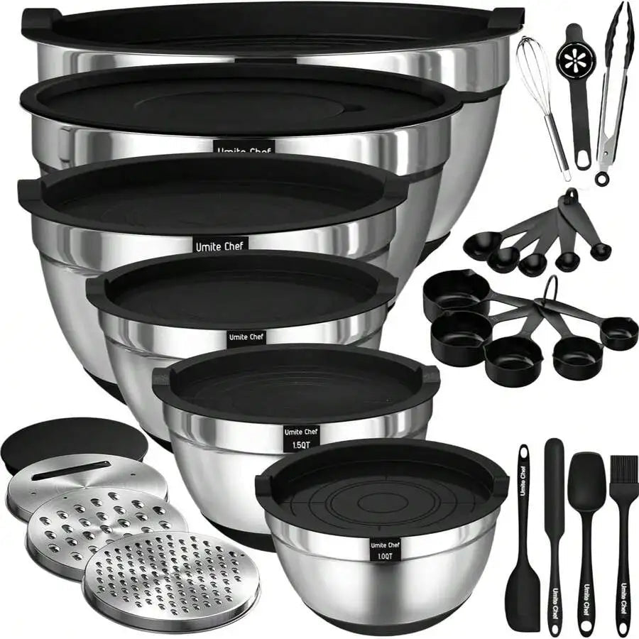 Mixing Bowls With Airtight Lids, 26Pcs Stainless Steel Bowls Set, 3 Grater Attachments & Black Non-Slip Bottoms Size 7, 4, 2.5, - Velvet Haven