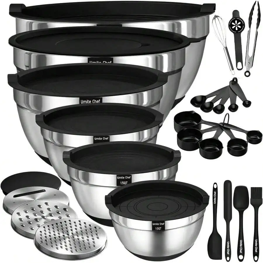 Mixing Bowls With Airtight Lids, 26Pcs Stainless Steel Bowls Set, 3 Grater Attachments & Black Non-Slip Bottoms Size 7, 4, 2.5, - Velvet Haven