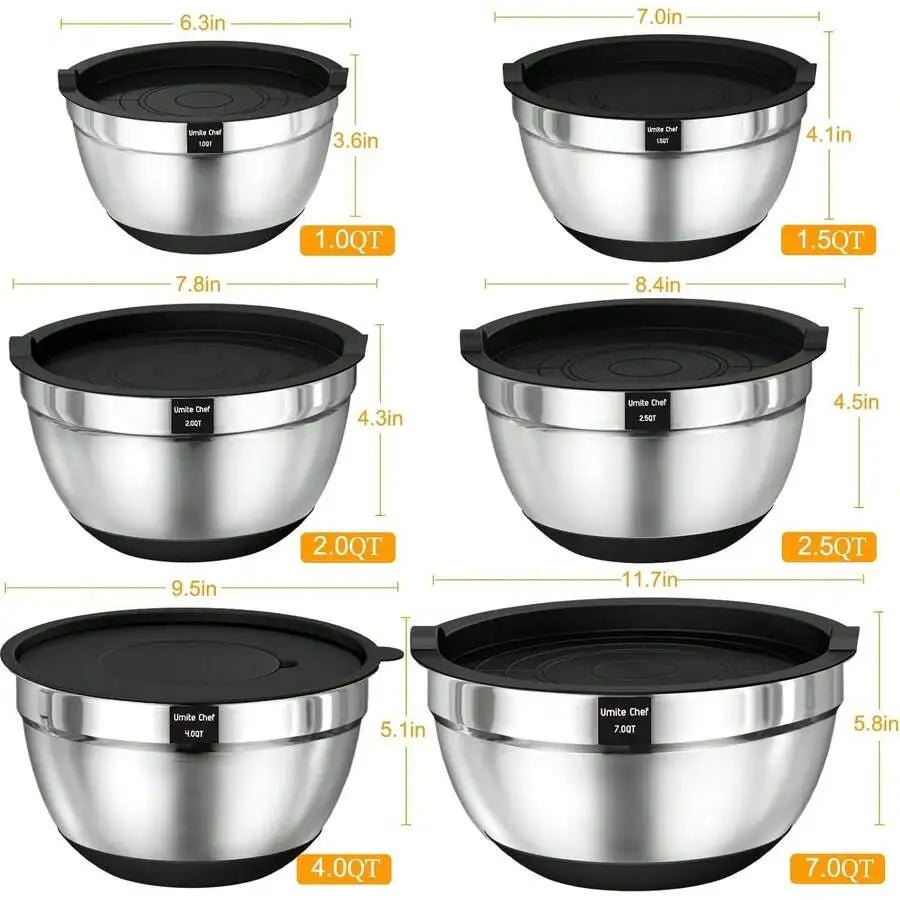 Mixing Bowls With Airtight Lids, 26Pcs Stainless Steel Bowls Set, 3 Grater Attachments & Black Non-Slip Bottoms Size 7, 4, 2.5, - Velvet Haven