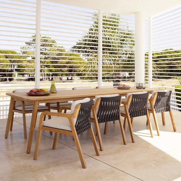 Modern Teak Outdoor Dining Set with Woven Rope Chairs - Velvet Haven