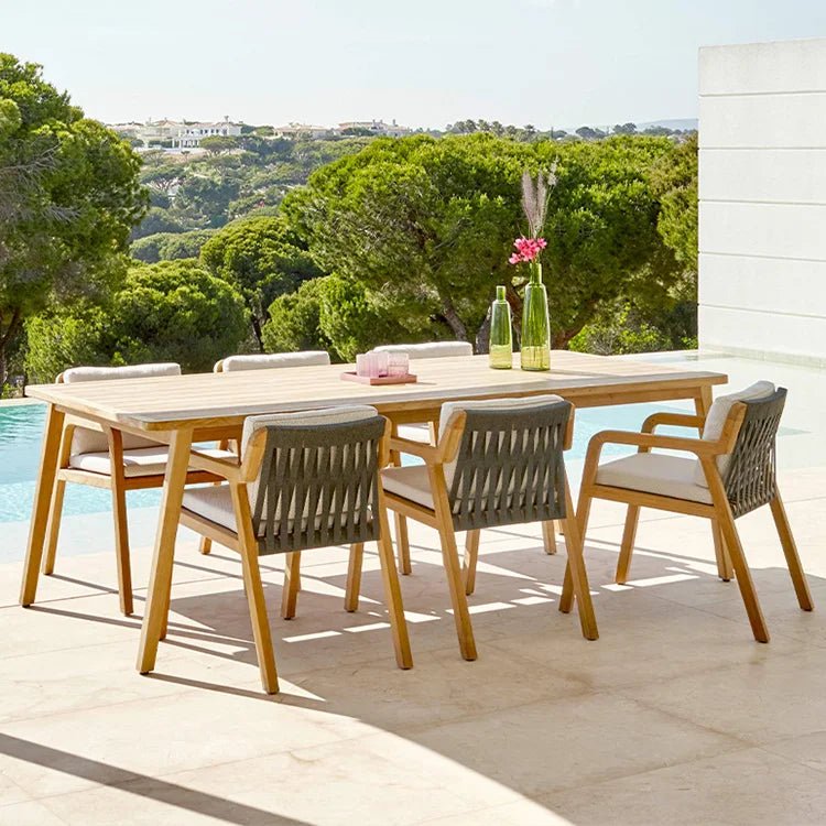 Modern Teak Outdoor Dining Set with Woven Rope Chairs - Velvet Haven