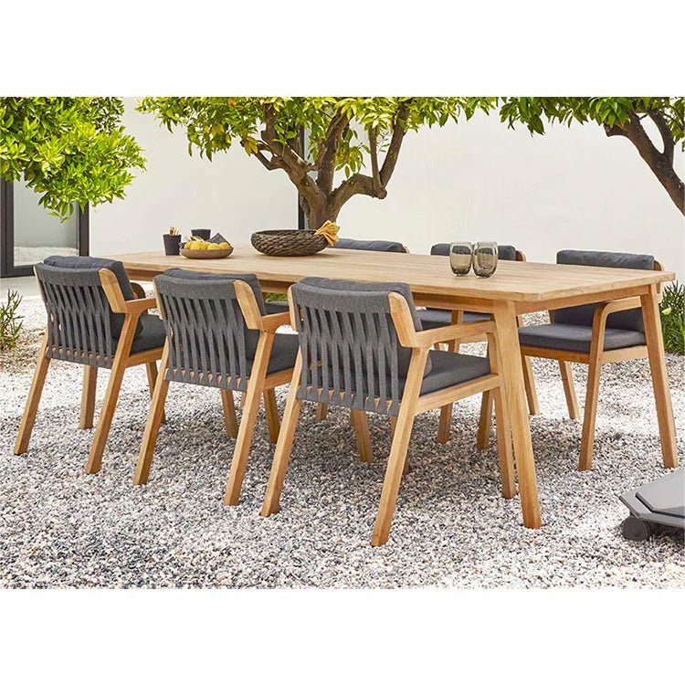 Modern Teak Outdoor Dining Set with Woven Rope Chairs - Velvet Haven