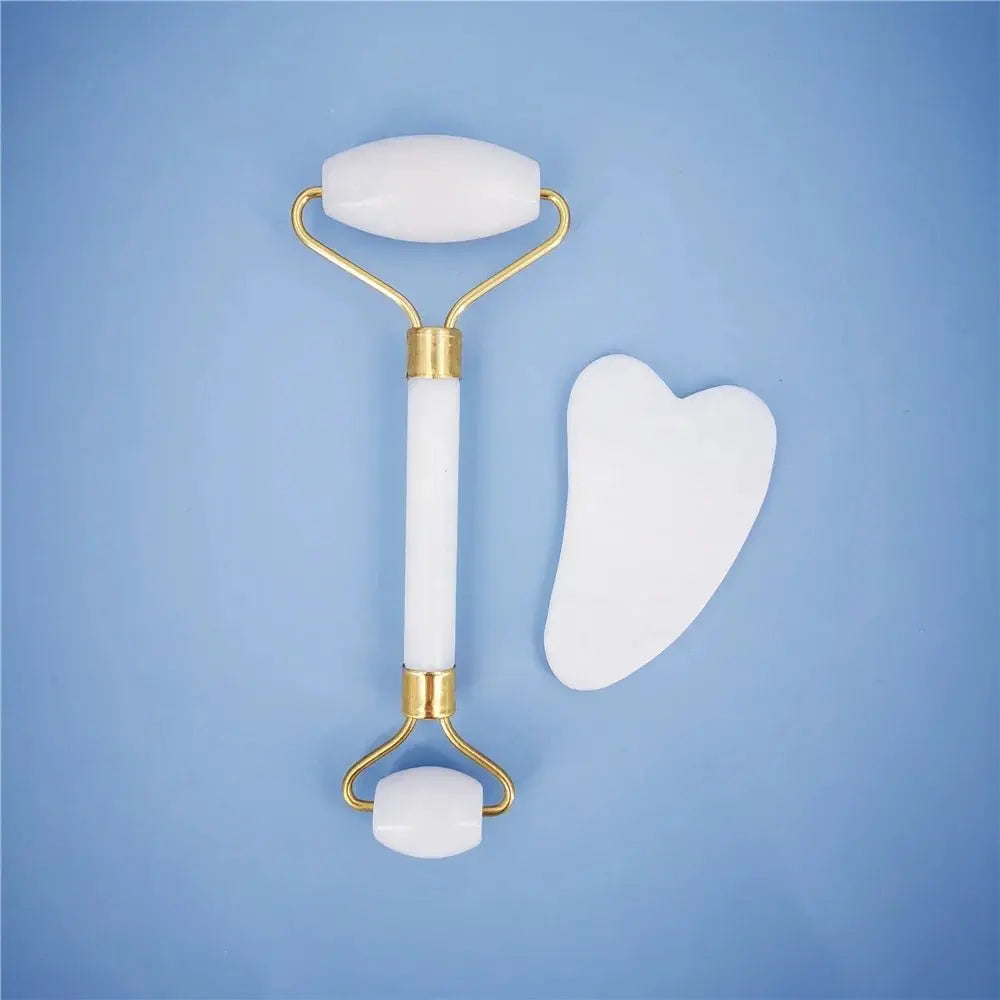 New White Jade Stone Massage Natural Quartz Scraper Jade Roller Gua sha Set White Face Lifting Facial Massager Tool for Back - Velvet Haven