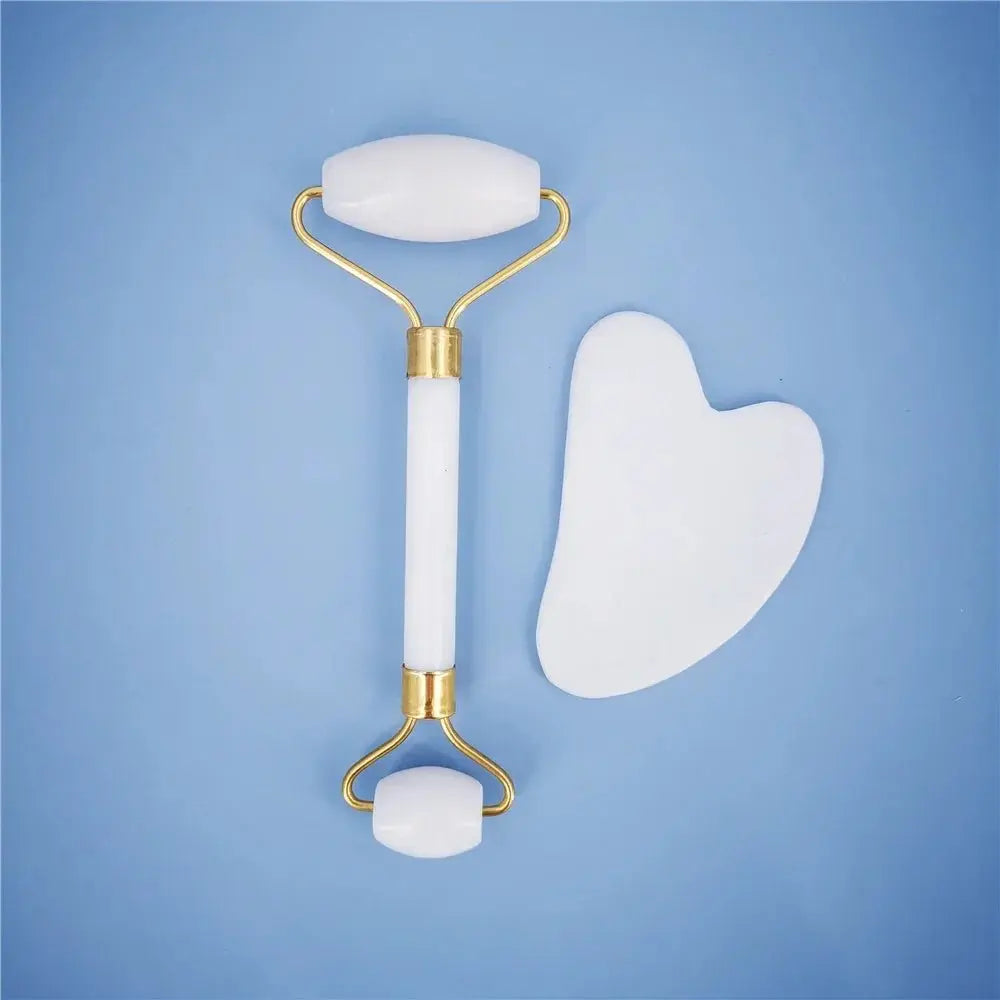 New White Jade Stone Massage Natural Quartz Scraper Jade Roller Gua sha Set White Face Lifting Facial Massager Tool for Back - Velvet Haven