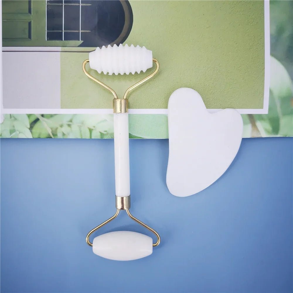 New White Jade Stone Massage Natural Quartz Scraper Jade Roller Gua sha Set White Face Lifting Facial Massager Tool for Back - Velvet Haven