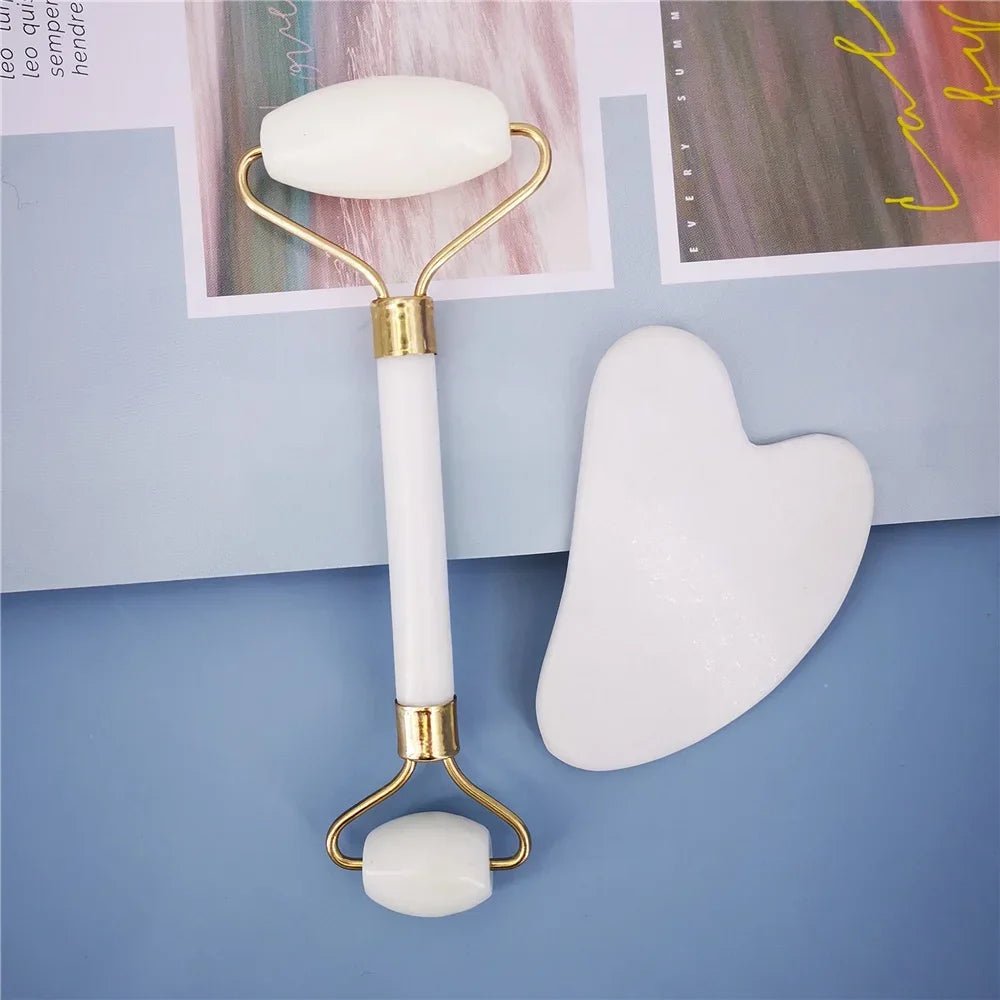 New White Jade Stone Massage Natural Quartz Scraper Jade Roller Gua sha Set White Face Lifting Facial Massager Tool for Back - Velvet Haven