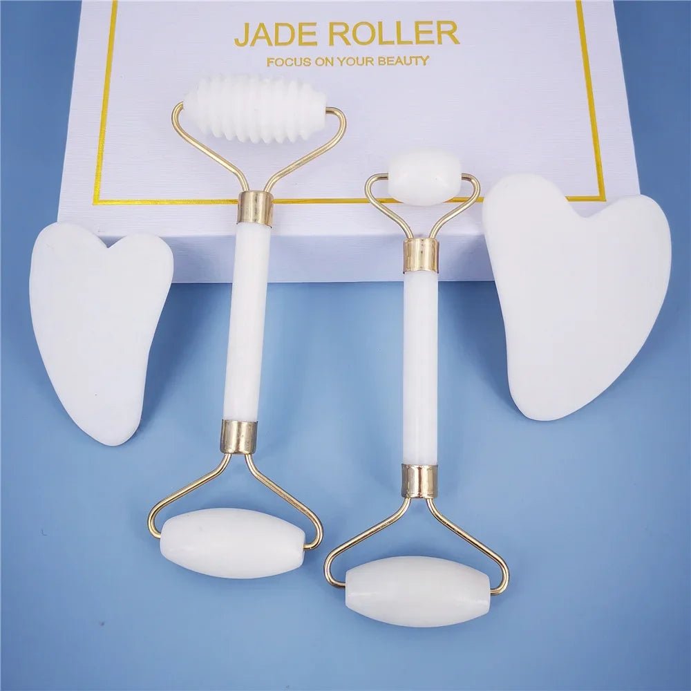 New White Jade Stone Massage Natural Quartz Scraper Jade Roller Gua sha Set White Face Lifting Facial Massager Tool for Back - Velvet Haven