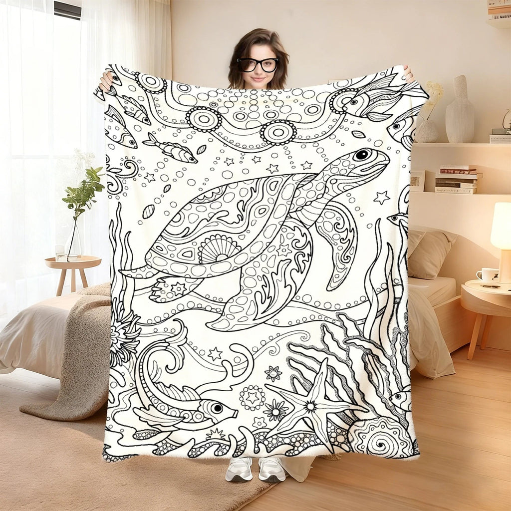 Ocean World Adult Coloring Pattern Decorative Throw Blanket for Sofa, Bed, Home Decor, Living Room, and Unique Gift - Velvet Haven