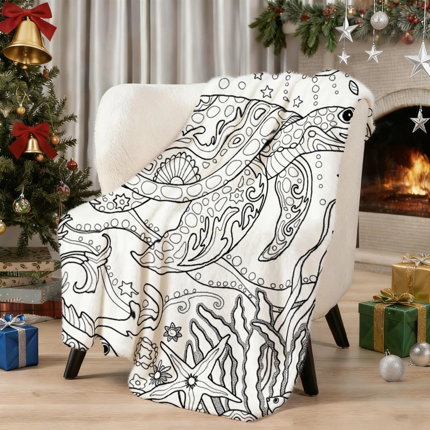 Ocean World Adult Coloring Pattern Decorative Throw Blanket for Sofa, Bed, Home Decor, Living Room, and Unique Gift - Velvet Haven