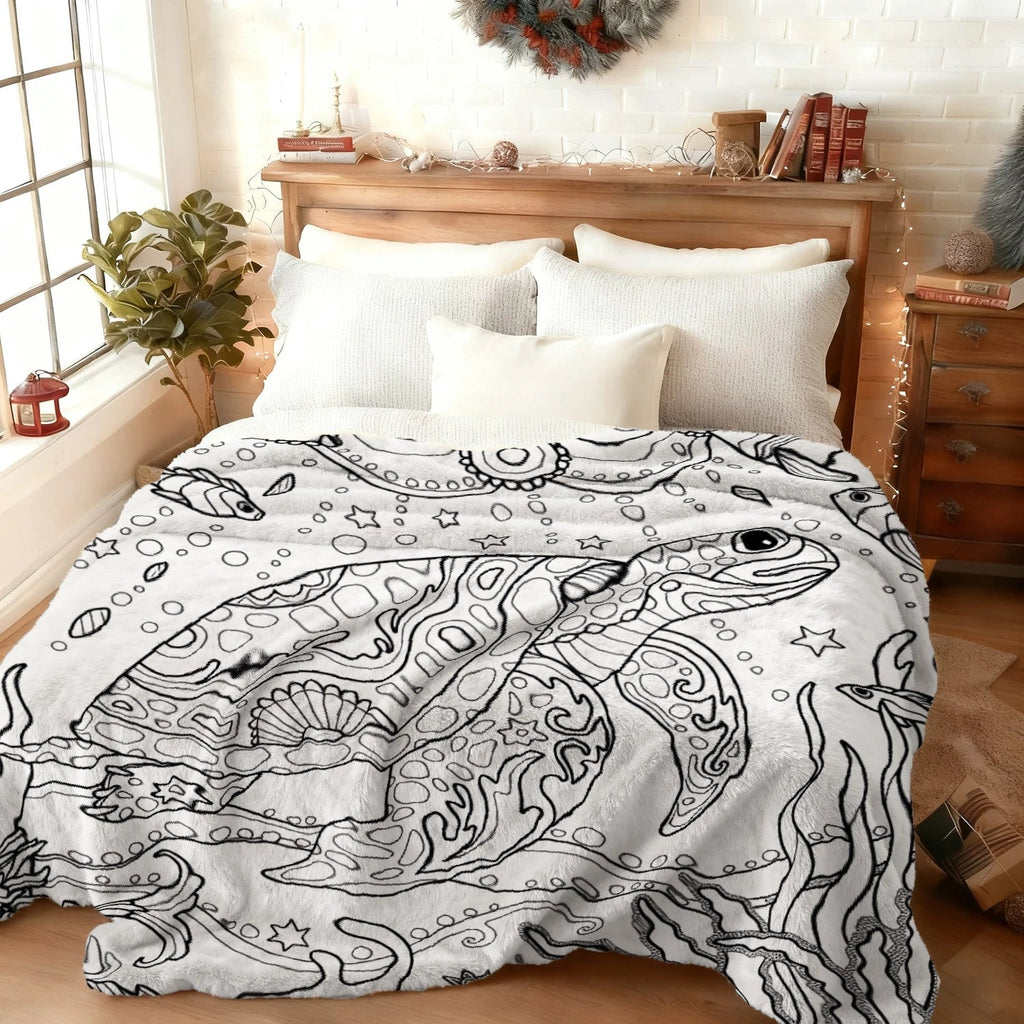 Ocean World Adult Coloring Pattern Decorative Throw Blanket for Sofa, Bed, Home Decor, Living Room, and Unique Gift - Velvet Haven