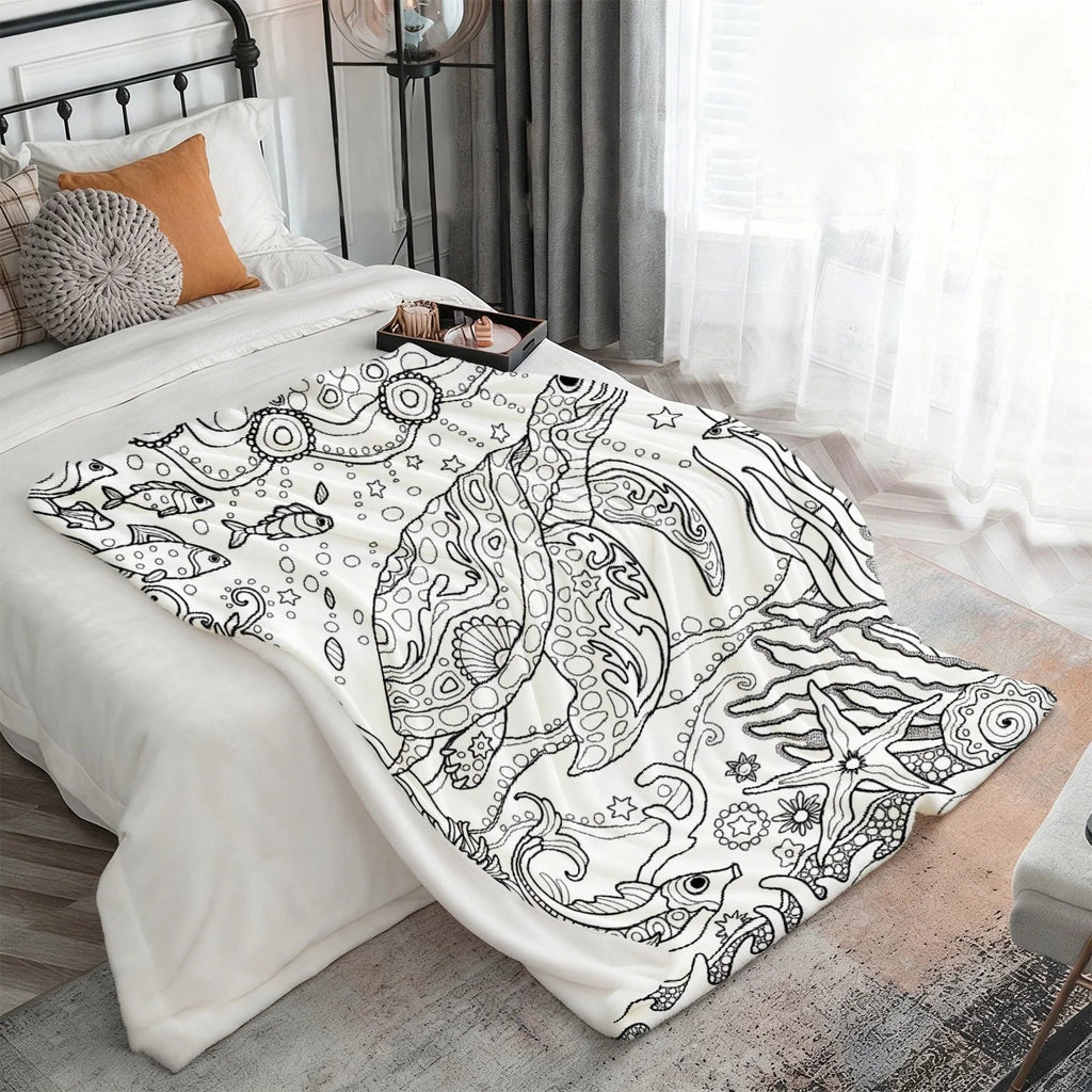 Ocean World Adult Coloring Pattern Decorative Throw Blanket for Sofa, Bed, Home Decor, Living Room, and Unique Gift - Velvet Haven