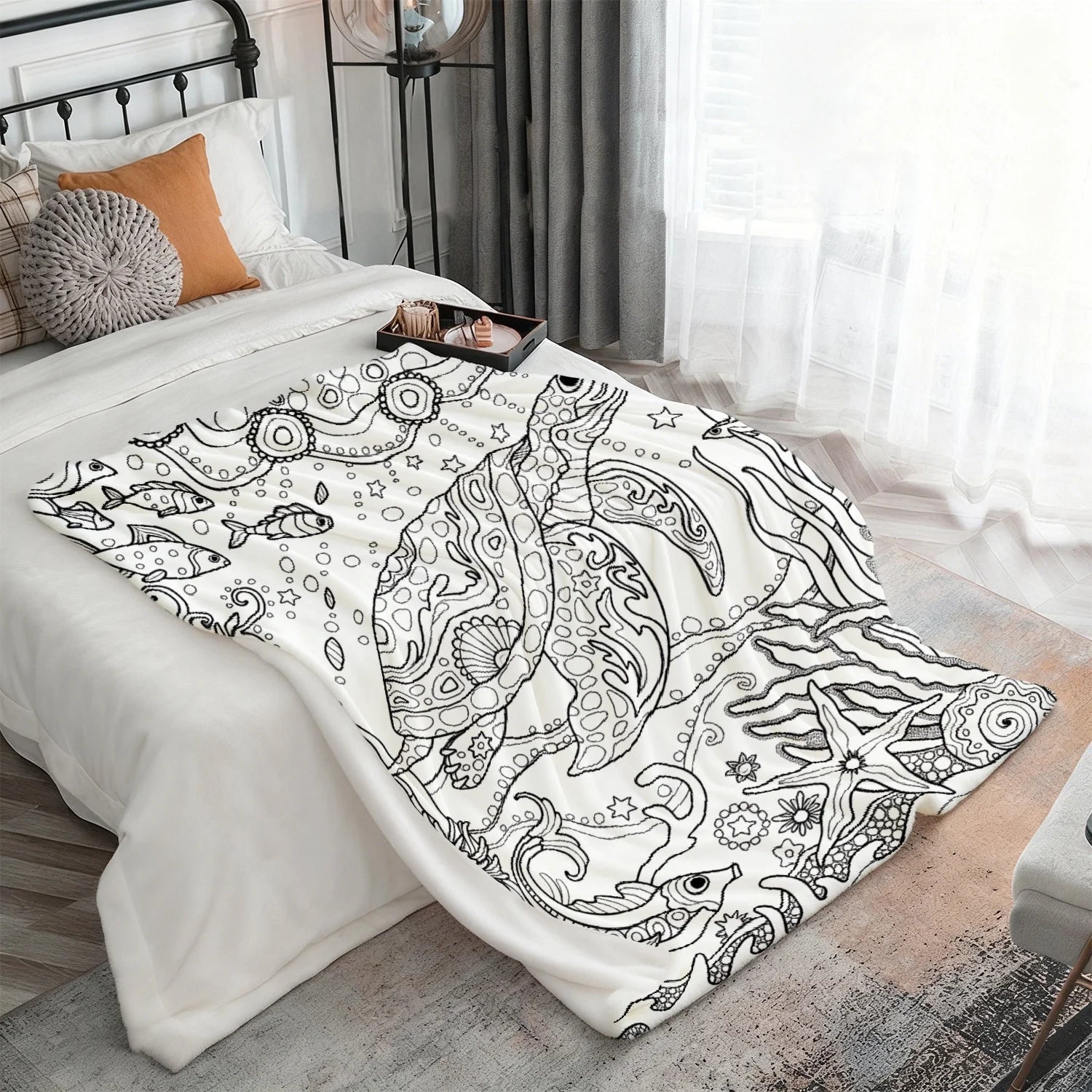 Ocean World Adult Coloring Pattern Decorative Throw Blanket for Sofa, Bed, Home Decor, Living Room, and Unique Gift - Velvet Haven