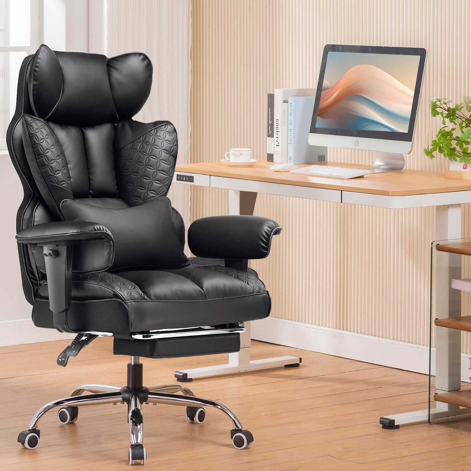 Office Chair Ergonomic Leather High Back Gaming Chair with Footrest, Adjustable Armrests - Velvet Haven