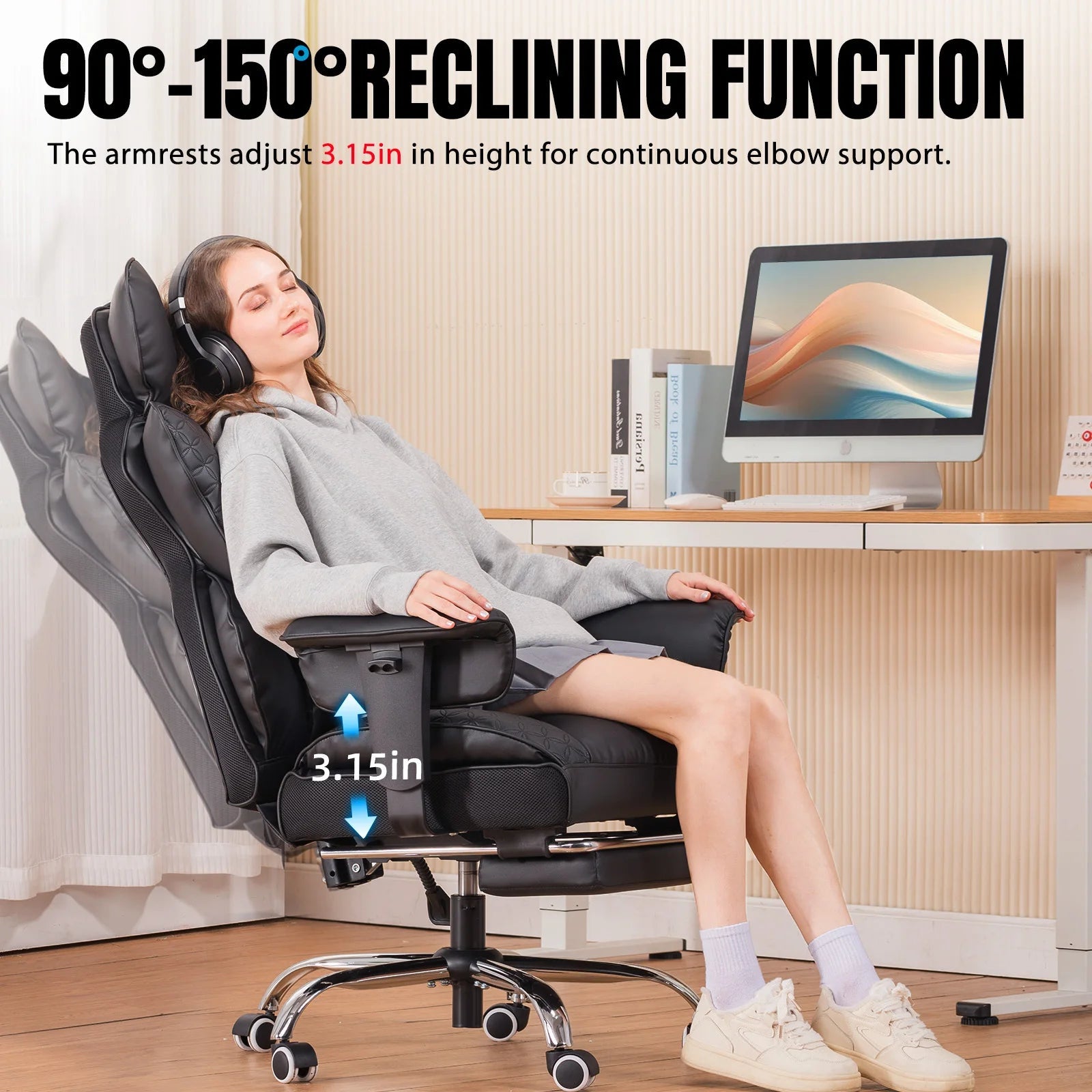 Office Chair Ergonomic Leather High Back Gaming Chair with Footrest, Adjustable Armrests - Velvet Haven