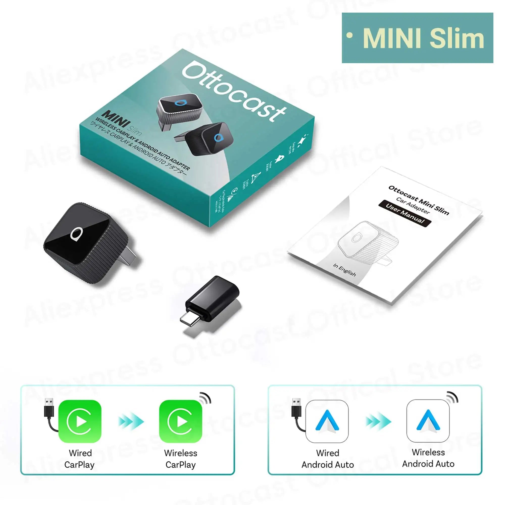 OTTOCAST Mini Slim Cube Wireless CarPlay Android Auto Adapter 2 in 1 USB AI Car Accessories for VW Haval Audi Kia Porsche Lexus - Velvet Haven