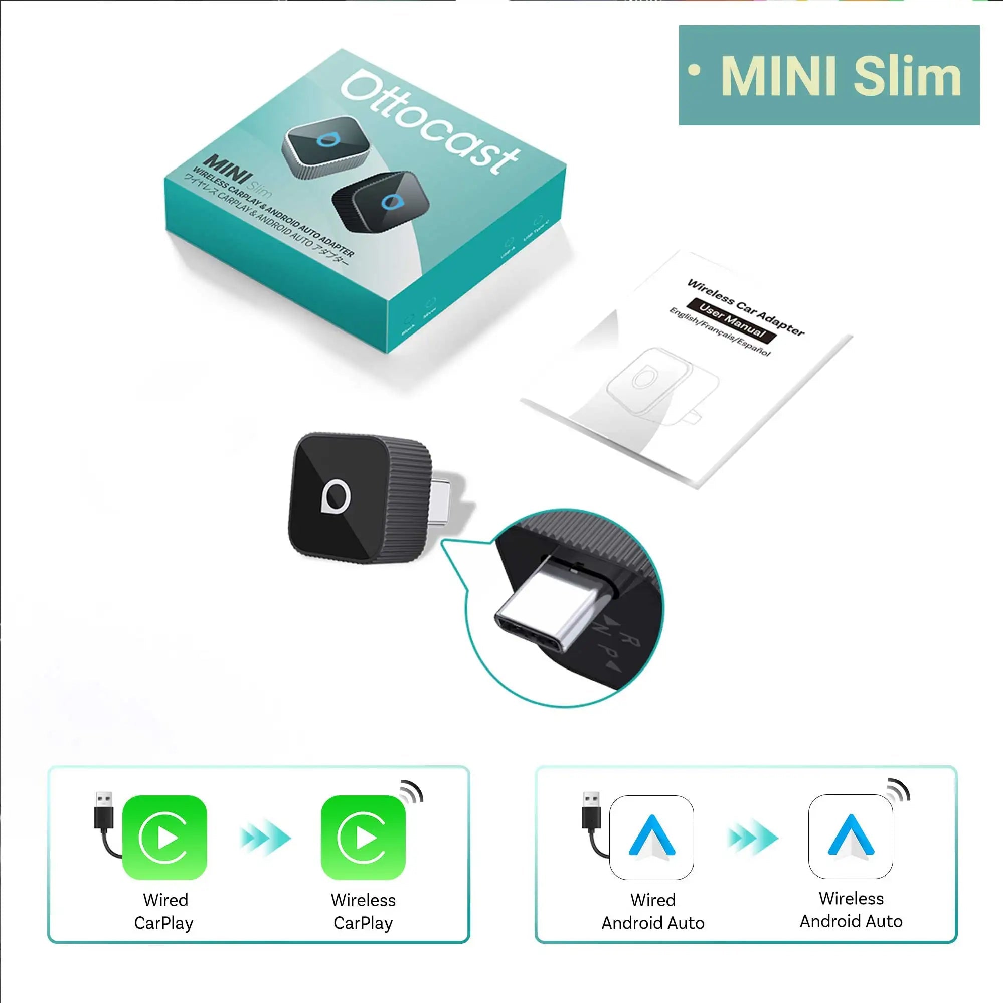 OTTOCAST Mini Slim Cube Wireless CarPlay Android Auto Adapter 2 in 1 USB AI Car Accessories for VW Haval Audi Kia Porsche Lexus - Velvet Haven