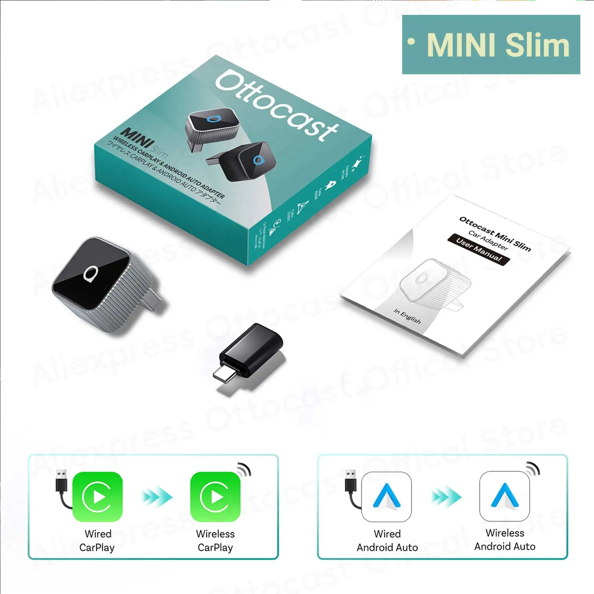 OTTOCAST Mini Slim Cube Wireless CarPlay Android Auto Adapter 2 in 1 USB AI Car Accessories for VW Haval Audi Kia Porsche Lexus - Velvet Haven