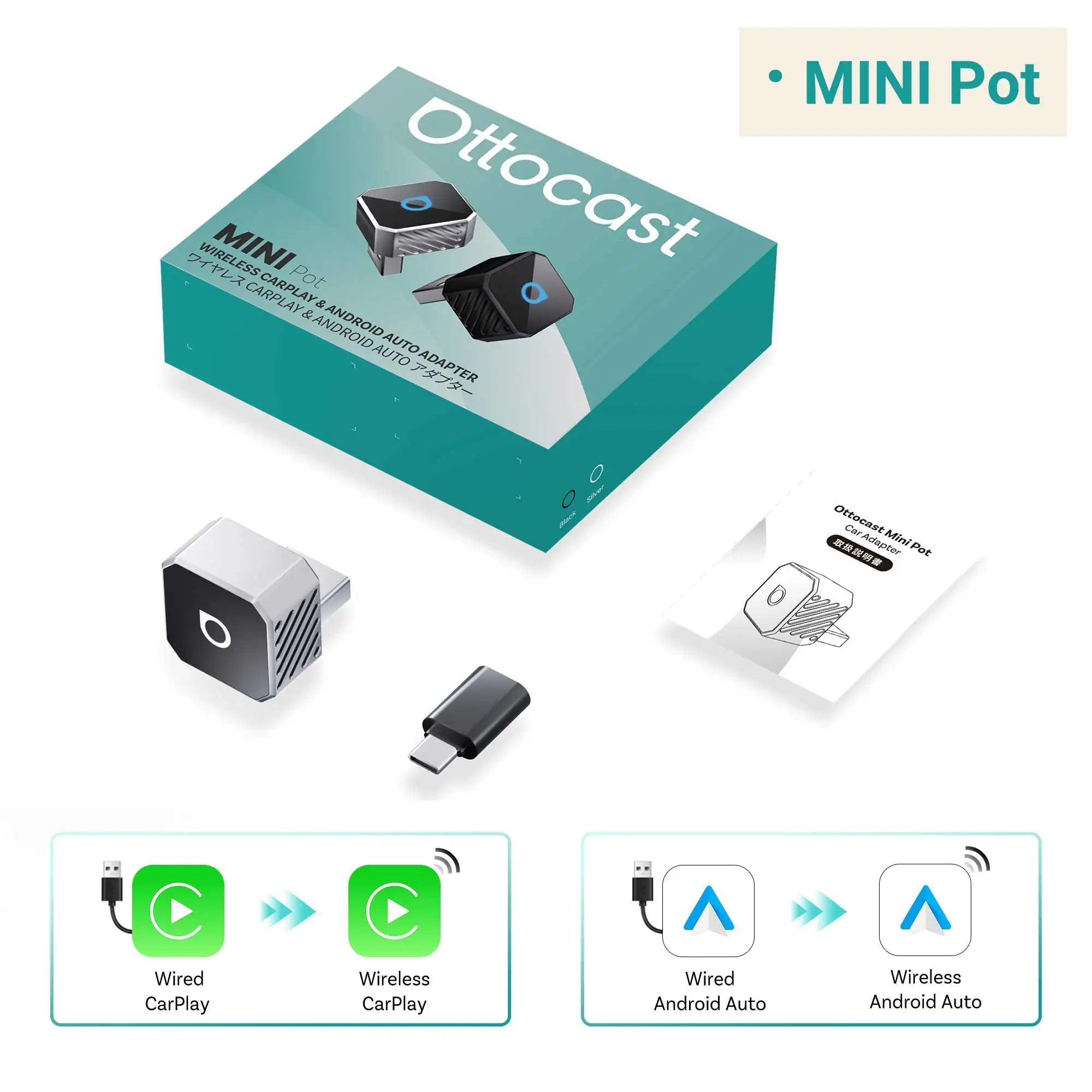 OTTOCAST Mini Slim Cube Wireless CarPlay Android Auto Adapter 2 in 1 USB AI Car Accessories for VW Haval Audi Kia Porsche Lexus - Velvet Haven