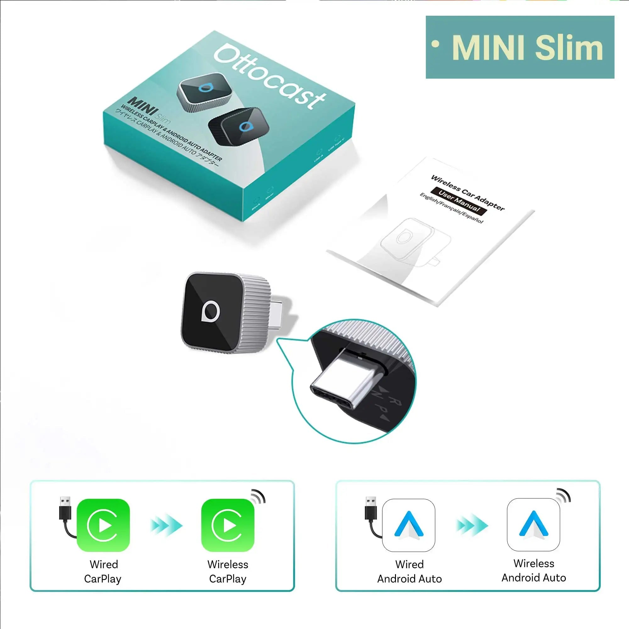 OTTOCAST Mini Slim Cube Wireless CarPlay Android Auto Adapter 2 in 1 USB AI Car Accessories for VW Haval Audi Kia Porsche Lexus - Velvet Haven
