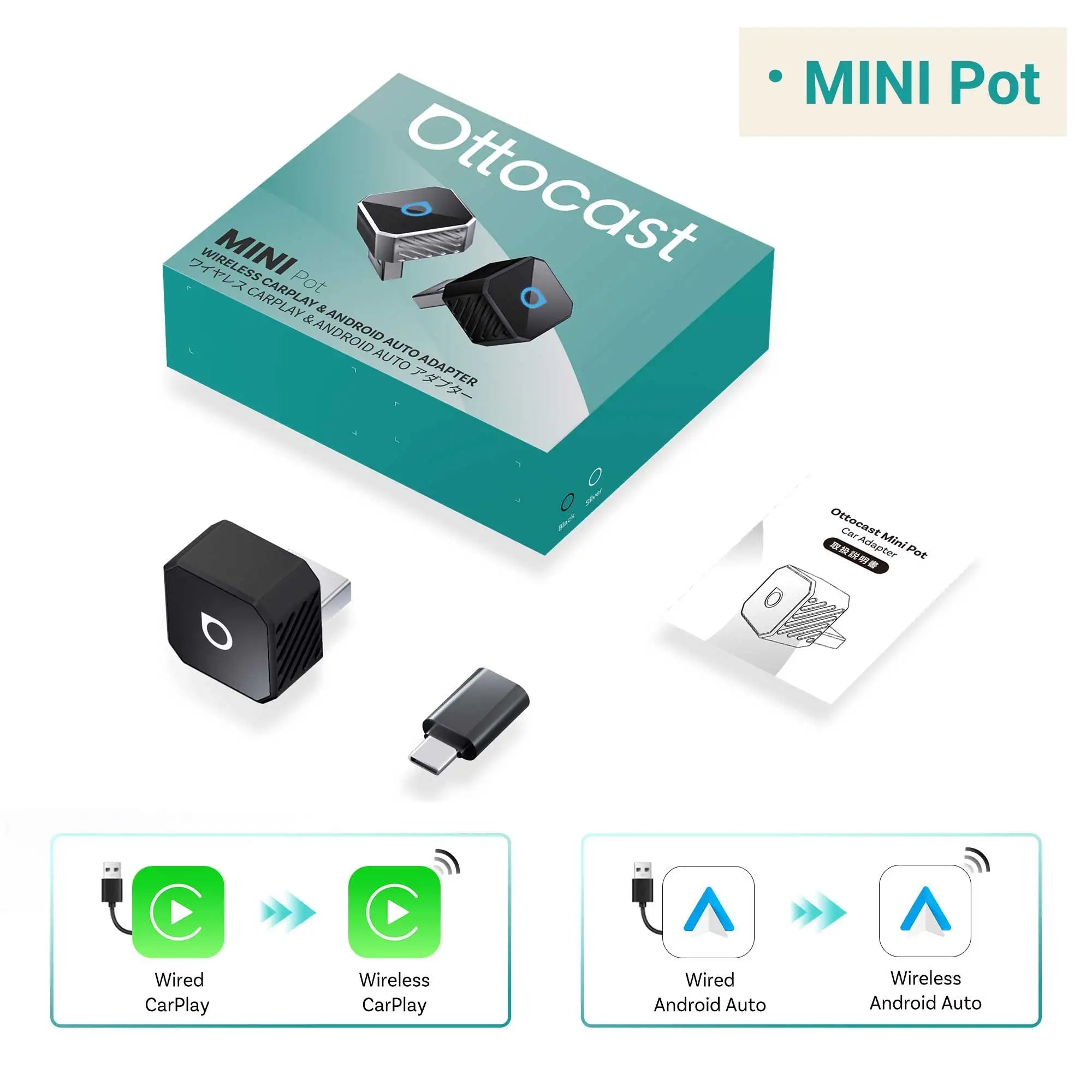 OTTOCAST Mini Slim Cube Wireless CarPlay Android Auto Adapter 2 in 1 USB AI Car Accessories for VW Haval Audi Kia Porsche Lexus - Velvet Haven