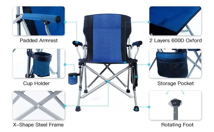 Outdoor large fishing chair with cup holder side bag leisure portable camping backrest armrests aluminum folding camping chair - Velvet Haven