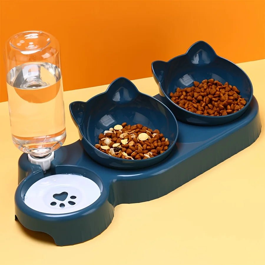 3-in-1 Tilted Cat Food & Water Bowl Set with Gravity Water Feeder - Velvet Haven