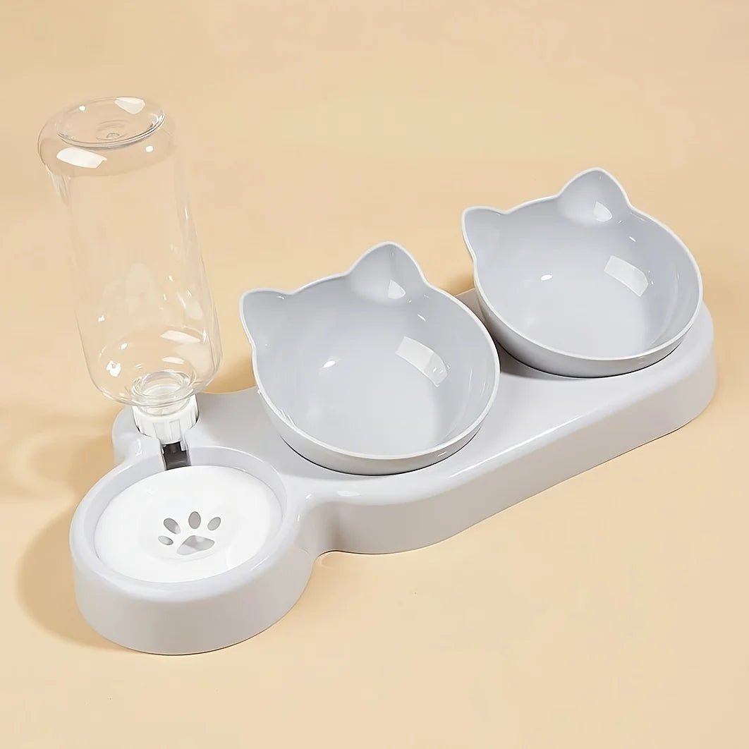3-in-1 Tilted Cat Food & Water Bowl Set with Gravity Water Feeder - Velvet Haven