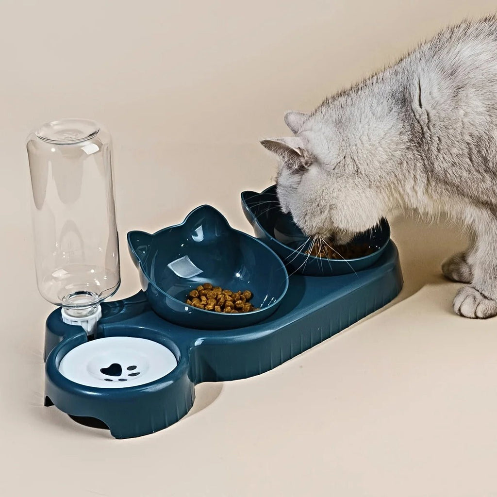 3-in-1 Tilted Cat Food & Water Bowl Set with Gravity Water Feeder - Velvet Haven