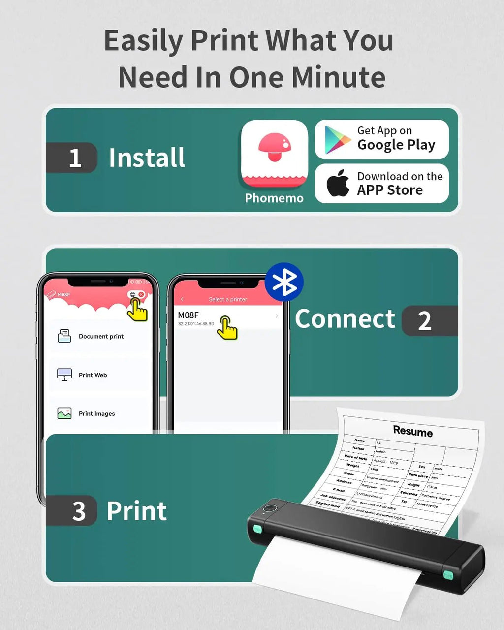 Phomemo M08F A4 Paper Printer Portable Thermal Printer Bluetooth Mobile Printer Compatible with Android & iOS Phone & Laptop - Velvet Haven